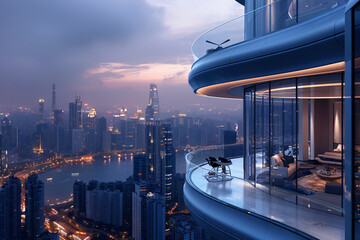 Design an image of a helipad built into the side of a towering skyscraper, offering panoramic views...