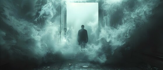 Silhouette amid Churning Mist: A Portal of Uncertainty. Concept Mystery, Silhouette, Churning Mist, Portal, Uncertainty - obrazy, fototapety, plakaty