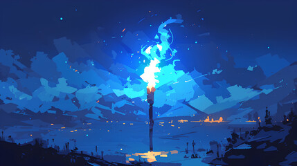 Illustration of a wooden torch blue fire. 3d medieval fire lamp. Combustion element design