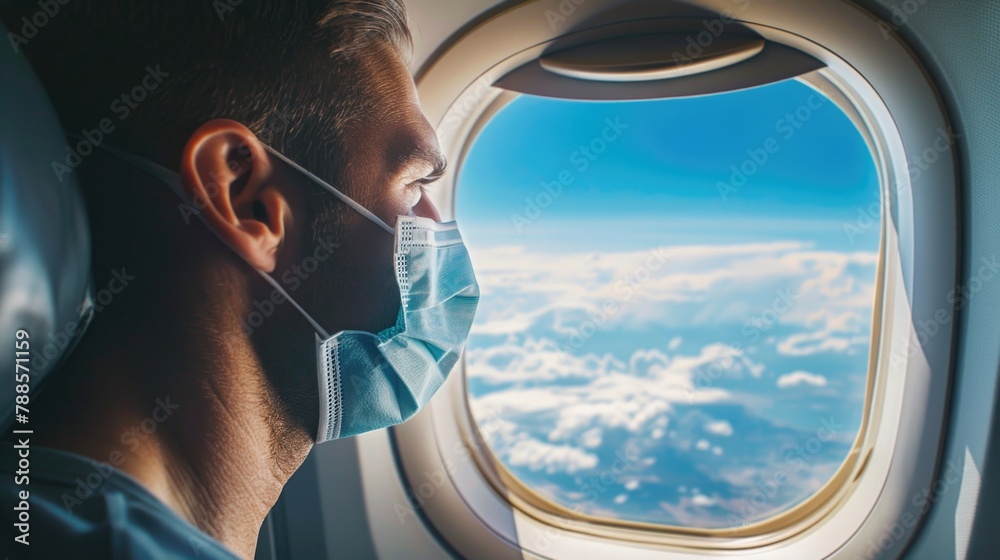 Poster A man wearing a face mask looking out an airplane window. Suitable for travel and health concepts