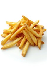 A pile of french fries on a white surface, perfect for food blogs or restaurant menus