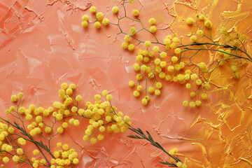Vibrant Yellow Mimosa Flowers on Textured Orange Background