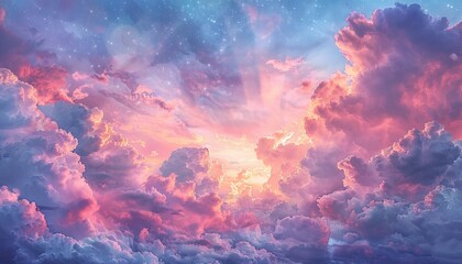 A breathtaking digital artwork featuring a surreal cloudscape at sunset, merging with a star-filled sky, evoking wonder and tranquility.