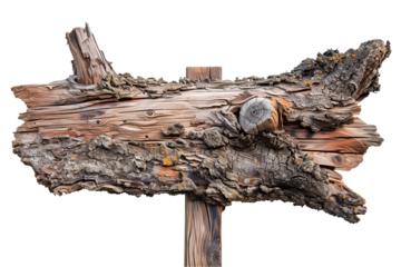  Direction indicator made of old wood isolated on white or transparent background. Close-up of an old wooden signboard, side view. Graphic design element, aged wood texture.