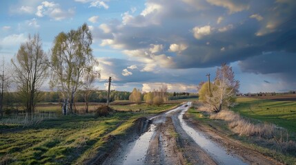 A scenic view of a dirt road in a field with trees in the background. Suitable for nature and countryside themes