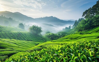 Obraz premium Verdant tea plantations stretch out across rolling hills, with an enchanting mist-shrouded landscape in the distance under a dramatic sky.