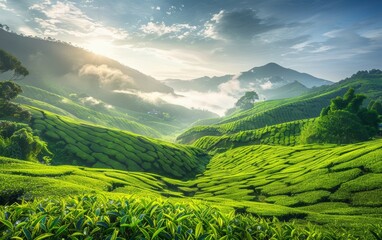 Sprawling tea plantations blanketed in lush greenery are illuminated by the warm glow of the rising sun, creating a breathtaking natural vista.