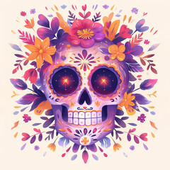 Day of the dead colorful skull with flowers and leaves surrounding it.
