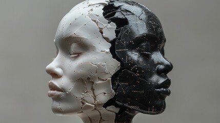 Two-part sculpture with one side featuring cracked white surface and the other with a starry black design. - obrazy, fototapety, plakaty
