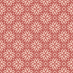 Vector geometric graphic texture. Stylish red and beige seamless pattern with lines, stars, arrows, grid, lattice, floral silhouettes. Simple abstract background. Retro vintage repeated geo design
