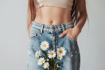 A woman is holding a bunch of flowers in her jeans pocket. Concept of playfulness and whimsy