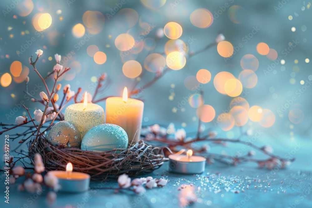 Poster a bunch of candles sitting on top of a table. suitable for home decor concepts