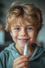 Young boy holding a toothbrush, suitable for dental or hygiene concepts