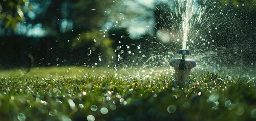 A sprinkler sprinkling water on a lush green lawn. Suitable for gardening or landscaping concepts - obrazy, fototapety, plakaty