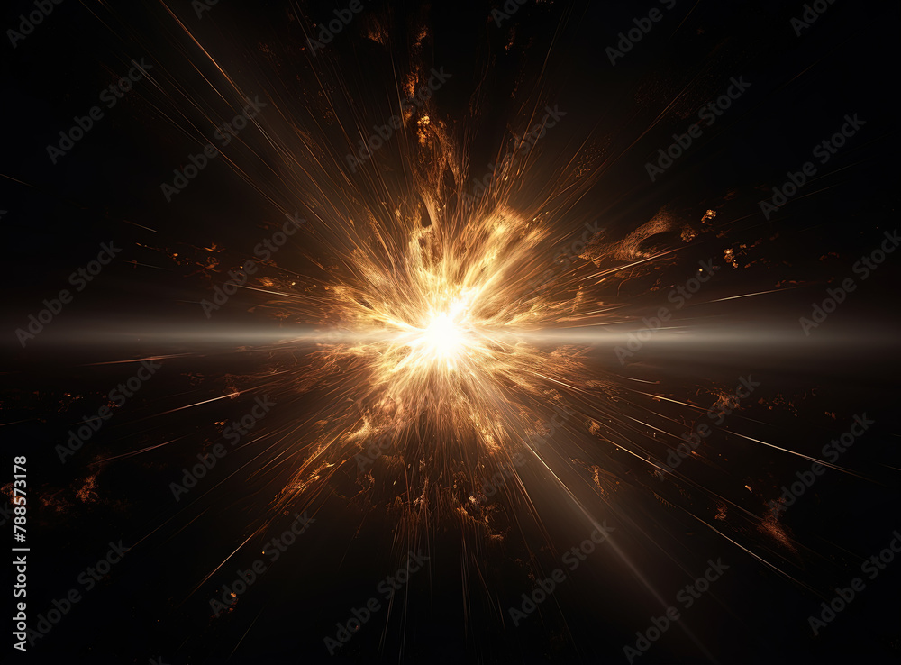 Poster sun flare with yellow rays and beams on dark background.