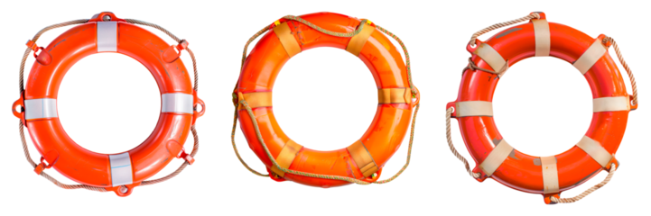 Set of a lifebuoys isolated on a white or transparent background. Close-up of an orange lifebuoys. Graphic design element on the theme of water safety.