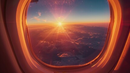 holidays, view from an airplane window while flying at sunset, copy and text space, 16:9
