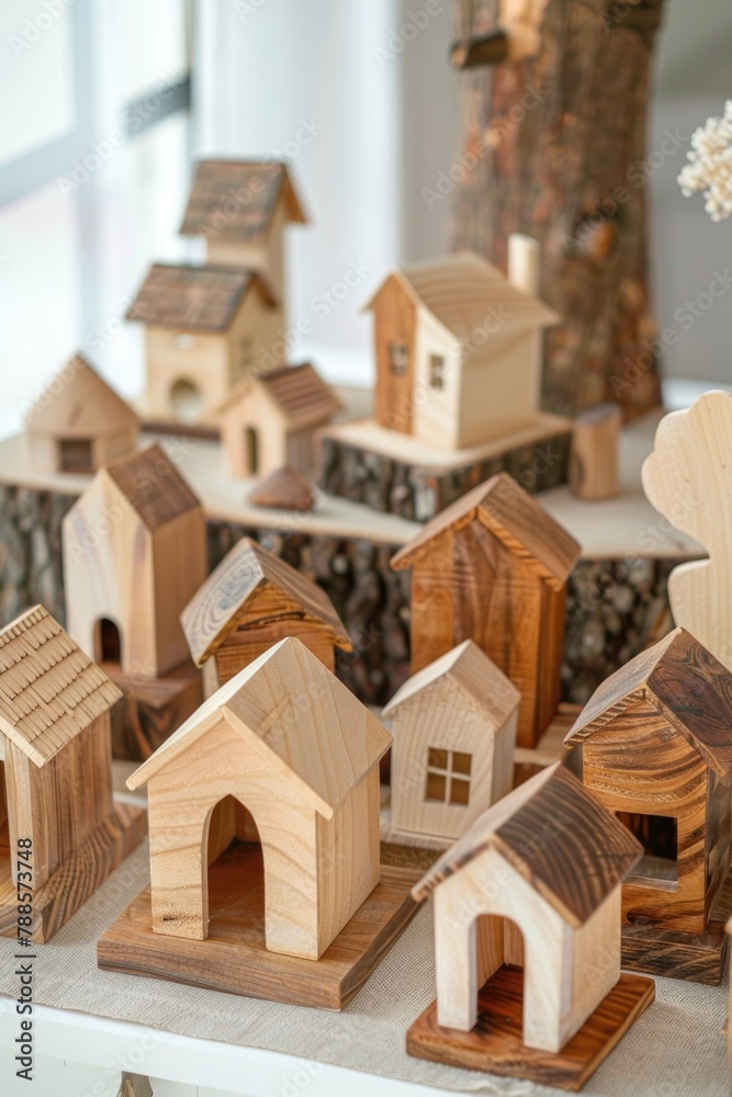 Poster miniature wooden houses displayed on a table. suitable for interior design concepts