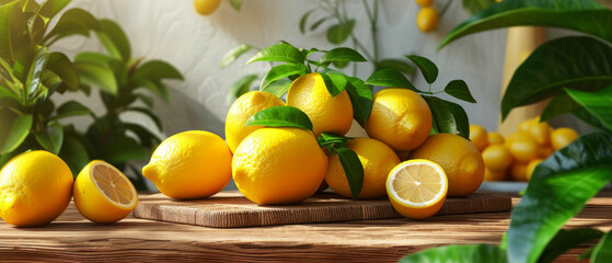 Minimal kitchen interior mockup with lemons and fruits composition. Still life.  Generative ai