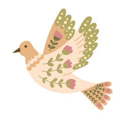 Flat fantasy bird in vintage folk floral style isolated on white background. Flat botanical illustration in pastel colors and boho style. Ideal for home decor, printout, decoration