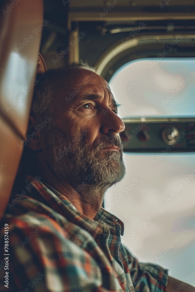 Poster A man sitting in a bus looking out the window. Suitable for transportation concepts