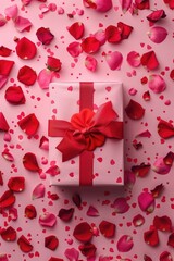 A white gift box with a red bow on a pink background. Perfect for holiday and celebration themes
