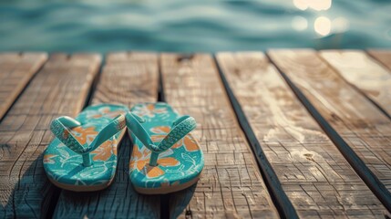 A pair of flip flops resting on a rustic wooden dock, perfect for summer vacation concepts - obrazy, fototapety, plakaty