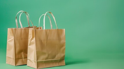 Two brown paper bags on a vibrant green background. Perfect for eco-friendly concepts