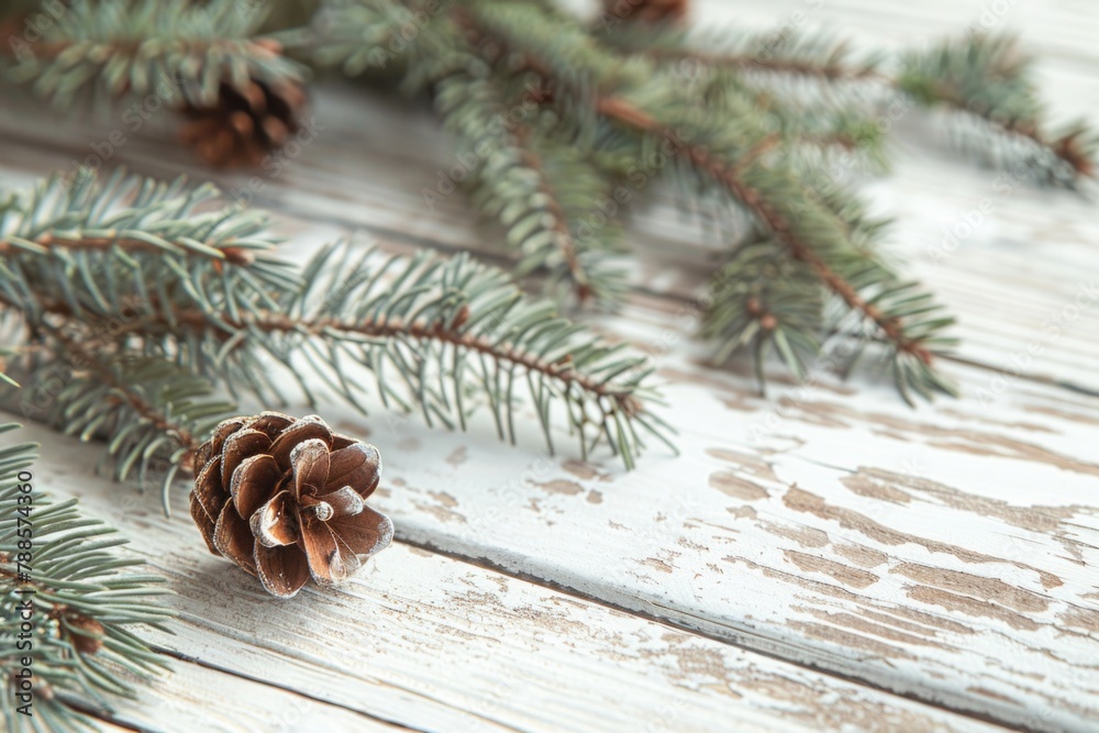 Poster a close-up view of a pine tree branch with a pine cone, suitable for nature and christmas themed pro