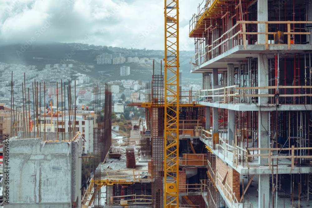 Poster a construction site with a large crane in the foreground. suitable for construction industry concept