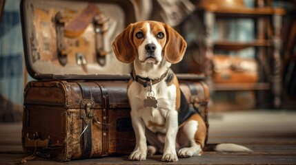 A brown and white dog sitting next to a suitcase, suitable for travel concepts