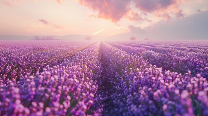 Fototapeta premium A picturesque field of purple flowers with a beautiful sunset in the background. Perfect for nature and landscape themes