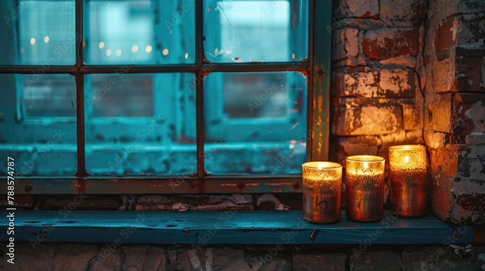 Poster three candles placed on a window sill, suitable for home decor concepts