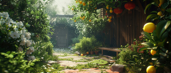 Fairy garden with lemon trees and fruits.  Beautiful summer exterior mockup. backyard, patio with orchard view. generative ai.