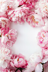 A close up of pink flowers frame with a white background. The flowers are arranged in a circle, with some overlapping and others standing alone. Scene is one of beauty and elegance
