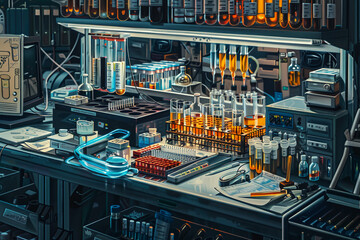 Design an image of a lab bench covered with scientific equipment such as test tubes, petri dishes, and pipettes, illustrating a busy research environment
