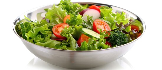 A close-up shot of a metal bowl containing a fresh salad, isolated on a white background.