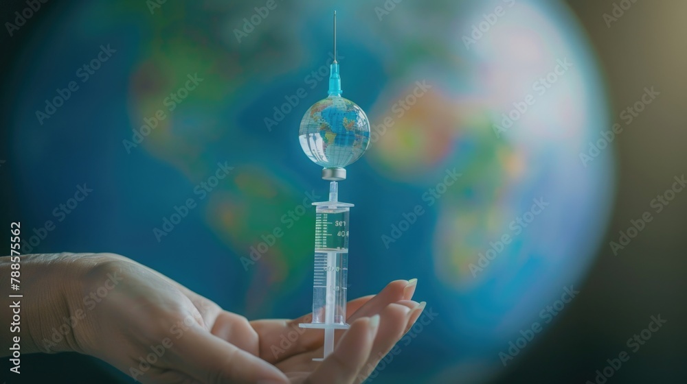 Poster a person holding a syll with a world in the background, suitable for global concepts