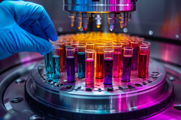Design an image of a lab technician operating a centrifuge, with tubes of colorful liquids spinning...