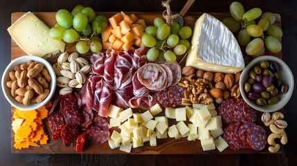 Charcuterie board artfully arranged with an assortment of meats, cheeses, nuts, and fruits, creating a visually appealing pattern that invites exploration