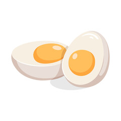 Boiled egg halves. Cooking ingredient for baking or independent dishes. Illustration for recipe cookbook, banner, postcard, menu. Healthy product. Vector cartoon illustration.