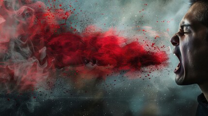 Young man screaming in red smoke on a black background