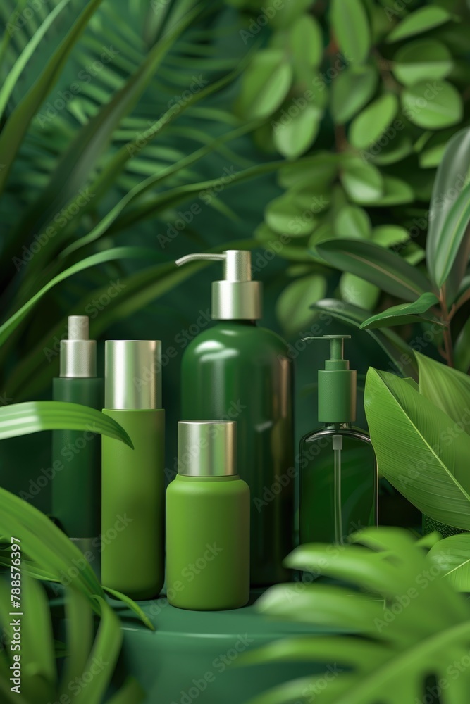 Aufkleber a group of green bottles on top of a table. perfect for beverage or recycling concepts