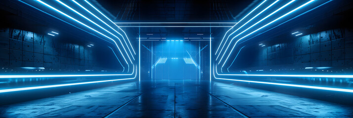Sci Fi Cyber Futuristic Neon Laser Blue VIbrant Line Lights On Alien Modern Hall Stage Podium...