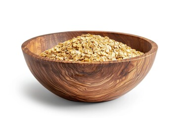 A wooden bowl filled with oats on a white surface. Suitable for food and health-related designs