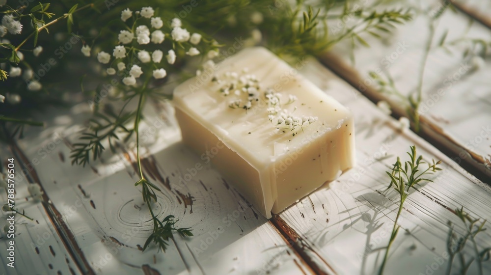 Poster a soap bar resting on a wooden table, suitable for hygiene and cleanliness concepts