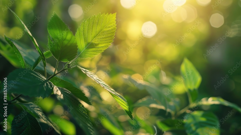Poster close up of a leaf with the sun in the background. perfect for nature and environmental themes