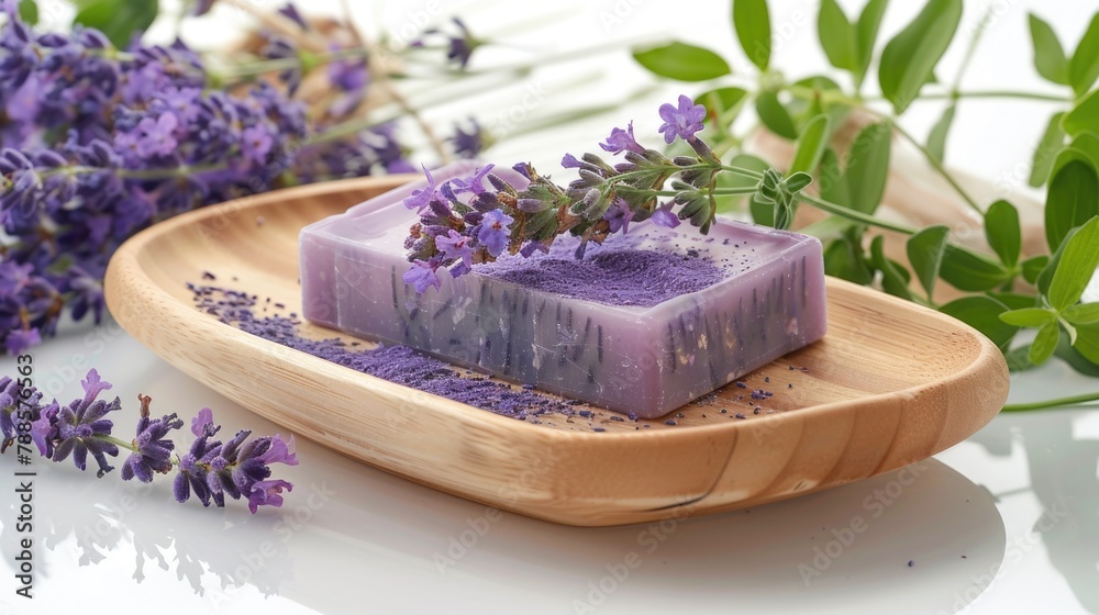 Poster a soap bar placed on a wooden plate. suitable for hygiene and spa concepts