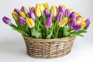 A basket filled with purple and yellow tulips. Perfect for springtime themes