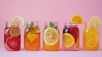 A row of mason jars filled with different types of fruit. Suitable for food and beverage concepts - obrazy, fototapety, plakaty
